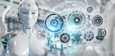 Dijital Gears'ın kullanımı 3d render bulanık arka plan üzerinde beyaz insansı robot