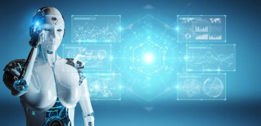 Dijital veriler arabirimi 3d rendering kullanarak bulanık arka plan üzerinde beyaz kadın cyborg