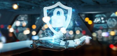 Beyaz insansı el web güvenlik 3B oluşturmayı kullanarak arka plan bulanık üzerinde