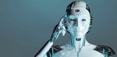 Düşünme ve beyaz arka plan üzerinde 3d render izole kafasını dokunmadan beyaz kadın cyborg