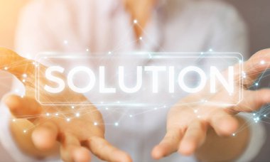 İşkadını çözüm dijital metin 3d rendering kullanarak arka plan bulanık üzerinde