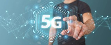 İşadamı 5 g ağ arabirimi 3d rendering kullanarak arka plan bulanık üzerinde