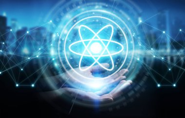 İşkadını modern molekül yapısı 3B oluşturmayı kullanarak arka plan bulanık üzerinde