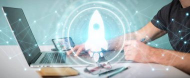 Başlangıç dijital arabirimi 3d rendering kullanarak arka plan bulanık üzerinde grafik tasarımcı