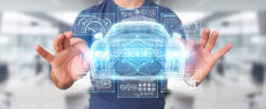 İşadamı arka plan bulanık modern akıllı araba arabirimi 3d render