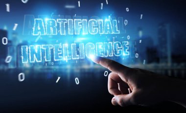 İşadamı dijital yapay zeka metin hologram 3B oluşturmayı kullanarak arka plan bulanık üzerinde