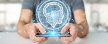 İşadamı dijital yapay zeka simgesi hologram 3B oluşturmayı kullanarak arka plan bulanık üzerinde