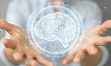 İşkadını dijital yapay zeka simgesi hologram 3B oluşturmayı kullanarak arka plan bulanık üzerinde