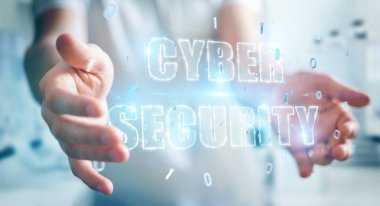 Siber Güvenlik metin hologram 3B oluşturmayı kullanarak arka plan bulanık üzerinde işadamı