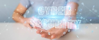 Siber Güvenlik metin hologram 3B oluşturmayı kullanarak arka plan bulanık üzerinde işadamı
