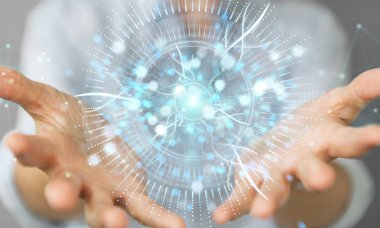 İşkadını dijital göz gözetim hologram 3B oluşturmayı kullanarak arka plan bulanık üzerinde