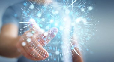 İşadamı dijital göz gözetim hologram 3B oluşturmayı kullanarak arka plan bulanık üzerinde