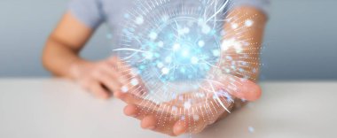 İşadamı dijital göz gözetim hologram 3B oluşturmayı kullanarak arka plan bulanık üzerinde