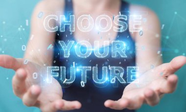 İşkadını gelecek metin arabirimi 3d rendering kullanarak arka plan bulanık üzerinde