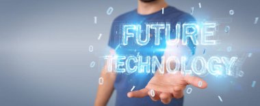 Geleceğin teknolojisi metin arabirimi 3d rendering kullanarak arka plan bulanık üzerinde işadamı