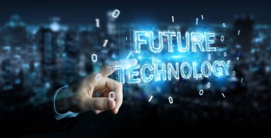 Geleceğin teknolojisi metin arabirimi 3d rendering kullanarak arka plan bulanık üzerinde işadamı