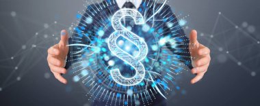 İşadamı hukuk paragraf dijital hologram 3B oluşturmayı kullanarak arka plan bulanık üzerinde