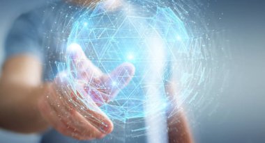 İşadamı dijital üçgen küre hologram 3d render patlayan kullanarak arka plan bulanık üzerinde