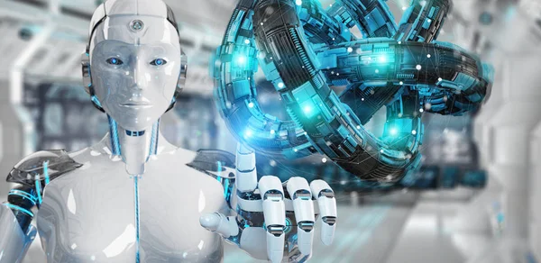 Geleceğin teknolojisi yapısı 3d render oluşturma bulanık arka plan üzerinde beyaz robot