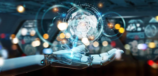 Beyaz cyborg el dijital veriler arabirimi 3d rendering kullanarak arka plan bulanık üzerinde