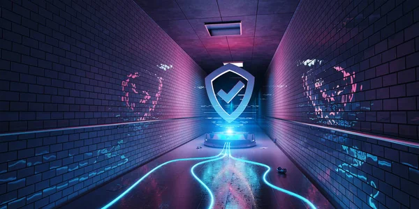 Blå Och Rosa Underjordiska Cyber Security Hologram Med Digital Shield — Stockfoto