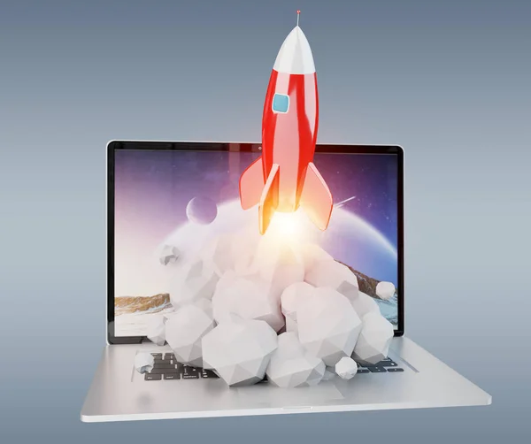 Rocket Spouštění Notebooku Samostatný Šedém Pozadí Vykreslování — Stock fotografie