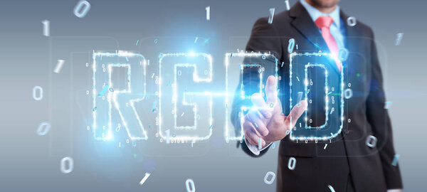 Бизнесмен на размытом фоне с помощью цифрового GDPR интерфейса 3D рендеринга
