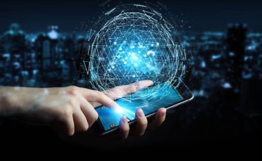 İşadamı dijital üçgen küre hologram 3d render patlayan kullanarak arka plan bulanık üzerinde