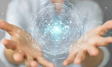 İşkadını dijital üçgen küre hologram 3d render patlayan kullanarak arka plan bulanık üzerinde
