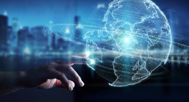 İşadamı üzerinde küre ağ hologram Amerika ABD harita 3d render ile kullanarak arka plan bulanık