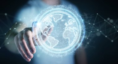 İşadamı üzerinde küre ağ hologram Amerika ABD harita 3d render ile kullanarak arka plan bulanık