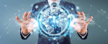 İşadamı üzerinde küre ağ hologram Amerika ABD harita 3d render ile kullanarak arka plan bulanık
