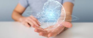 İşadamı üzerinde küre ağ hologram Amerika ABD harita 3d render ile kullanarak arka plan bulanık