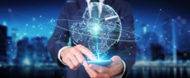 İşadamı üzerinde küre ağ hologram Amerika ABD harita 3d render ile kullanarak arka plan bulanık