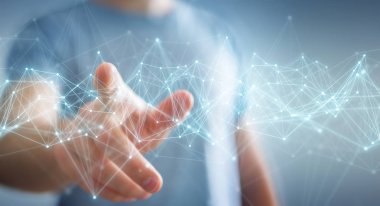 Bulanık arkaplanda uçan ağ bağlantısı 3D görüntüleme kullanan bir işadamı