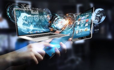 İşadamı bulanık arka planda onun cep telefonu 3d rendering ile bağlanma