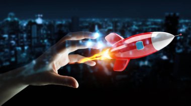 İşkadını üzerinde tutarak ve bir roket 3d render dokunmadan arka plan bulanık