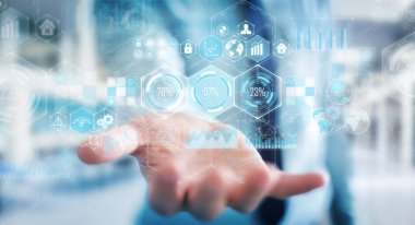 İşadamı hologramlar veriler dijital ekranlarda 3B oluşturmayı kullanarak arka plan bulanık üzerinde