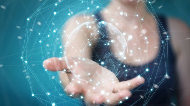 İşkadını planet earth ağ küre arabirimi 3d rendering kullanarak arka plan bulanık üzerinde