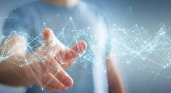 Businessman on blurred background using flying network connection 3D rendering