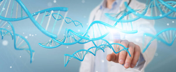 Doctor on blurred background holding blue digital DNA structure 3D rendering