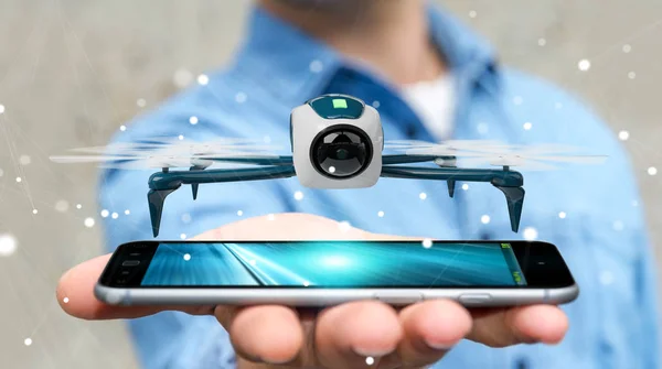 Biznesmen Niewyraźne Tło Pomocą Nowoczesnych Drone Renderowania — Zdjęcie stockowe