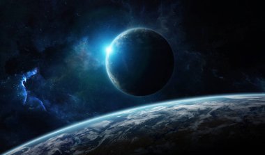 Güneş doğarken dış gezegenlerle uzaydaki uzak gezegen sistemi NASA tarafından desteklenen bu görüntünün elementlerini oluşturur.