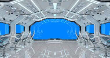 Mavi arka plan 3d render ile beyaz temiz uzay gemisi iç