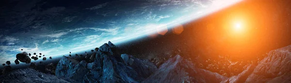 Panoramic View Planet Earth Asteroids Flying Close Space Rendering Elements — Stock Photo, Image