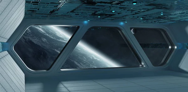 Statek Kosmiczny Futurystyczny Szary Niebieski Wnętrza Widokiem Planecie Ziemi Renderowania — Zdjęcie stockowe