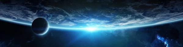 Panorama Över Avlägsen Planetsystem Från Rymden Sunrise Rendering Element Denna — Stockfoto