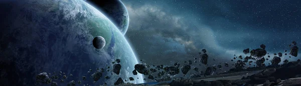 Panoramiczny Widok Planet Odległym Systemie Słonecznym Przestrzeni Renderowania Elementów Zdjęcie — Zdjęcie stockowe