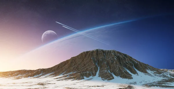 Exoplanètes Dans Espace Vue Une Montagne Éléments Rendu Cette Image — Photo
