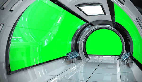 Spaceship bright interior with green window view 3D rendering